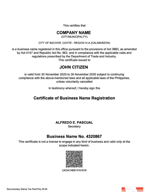 Philippines certificate of business name registration Word and PDF template